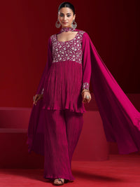 Libas Art Pink Embroidered Georgette A-Line Kurta with Sharara & Dupatta