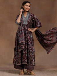 Burgundy Printed Silk Blend A-Line Kurta with Palazzos & Dupatta