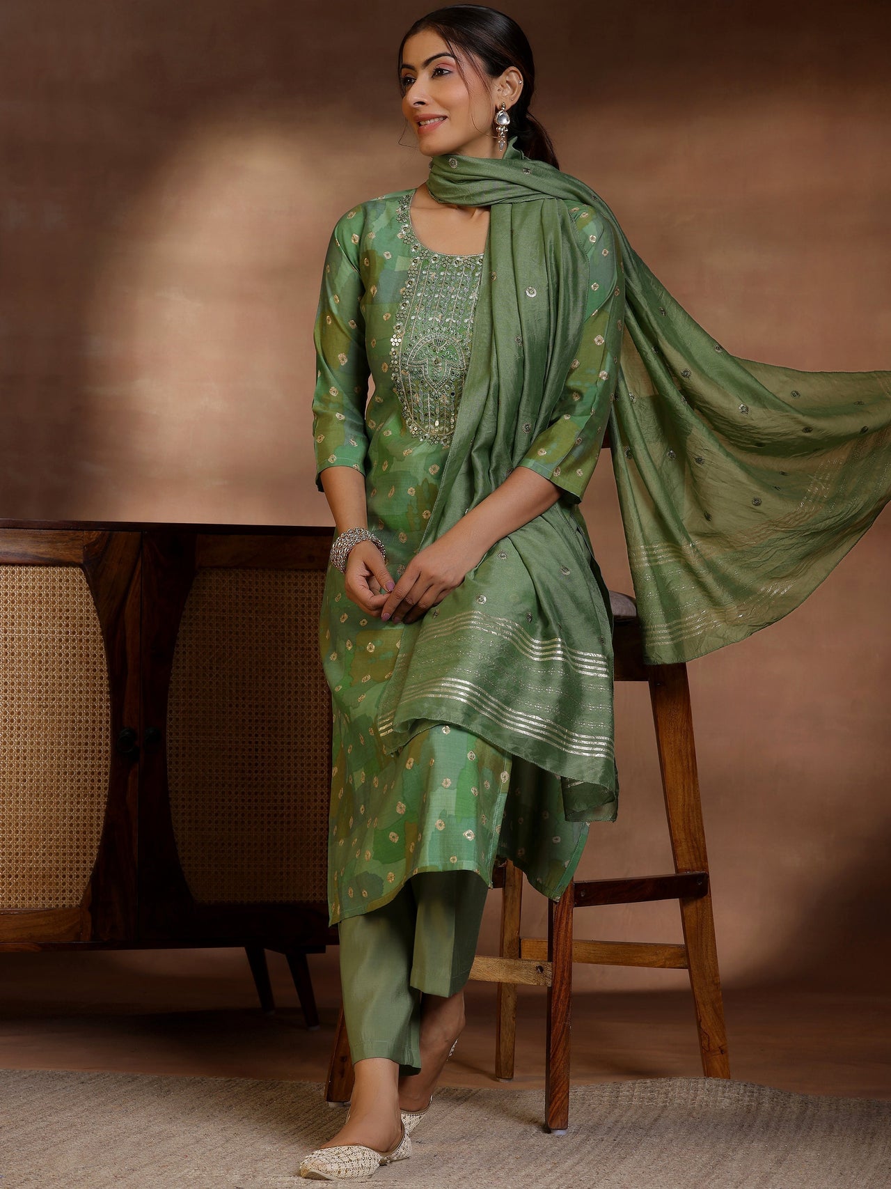 Green Printed Silk Blend Straight Suit with Dupatta