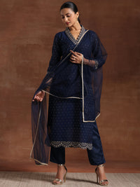 Blue Self Design Silk Blend Straight Suit with Dupatta