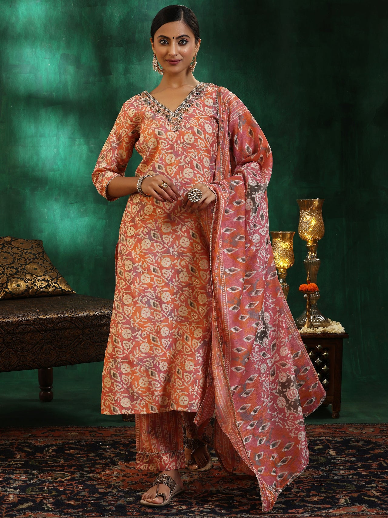 Peach Printed Silk Blend Straight Suit with Dupatta