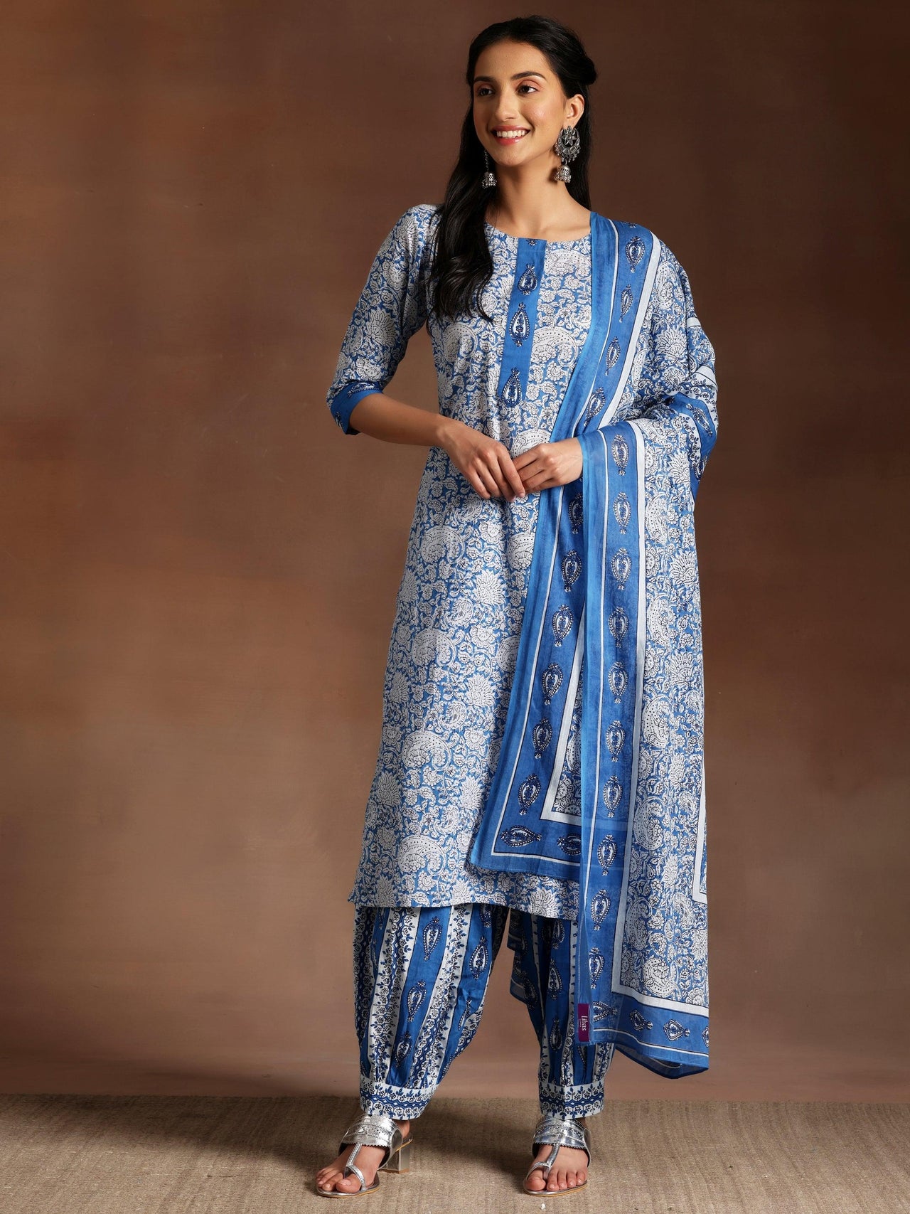 Blue Printed Cotton Straight Suit with Dupatta