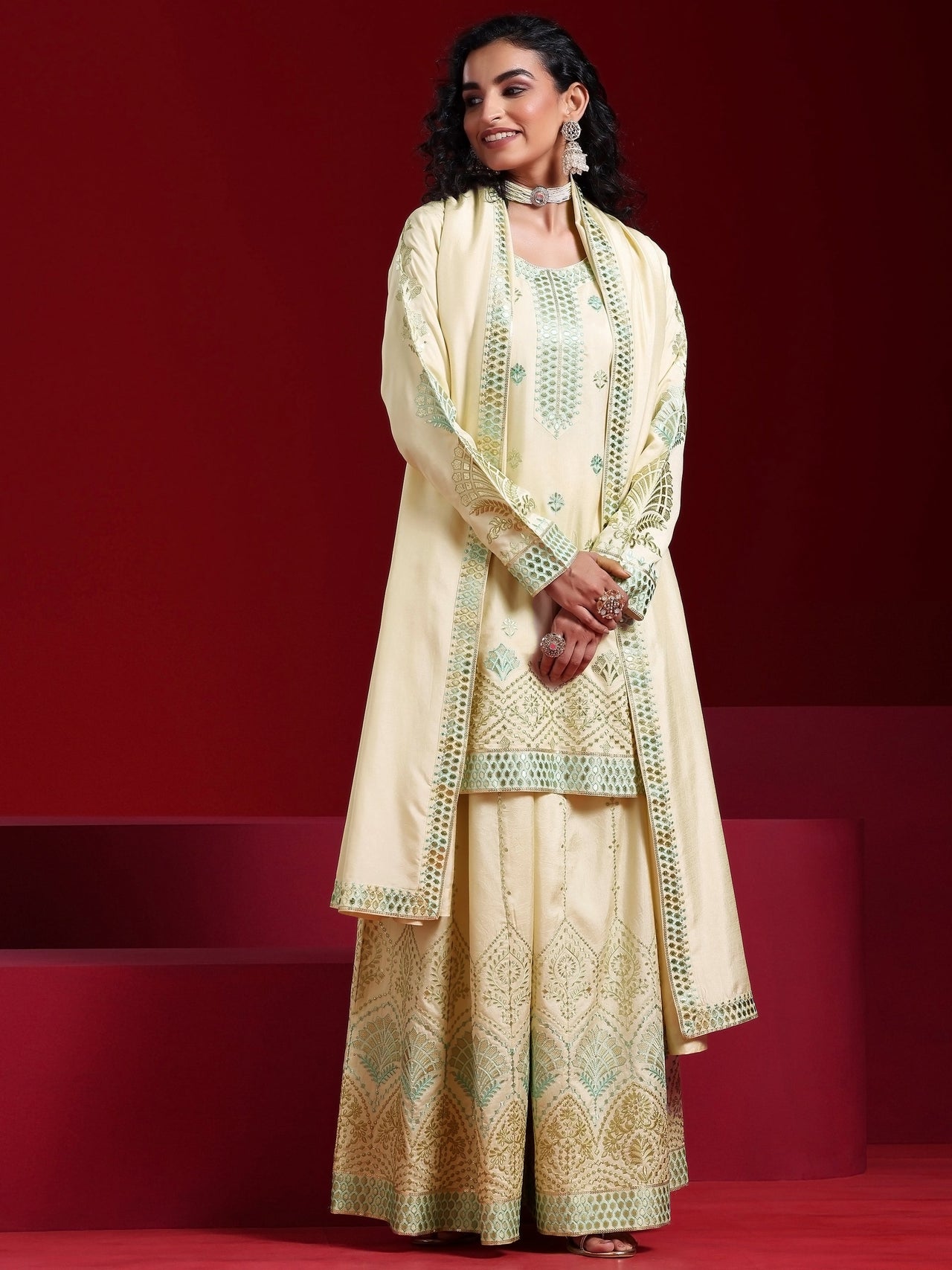 Libas Art Beige Embroidered Silk Blend Straight Suit with Dupatta