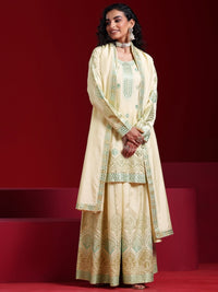 Libas Art Beige Embroidered Silk Blend Straight Suit with Dupatta