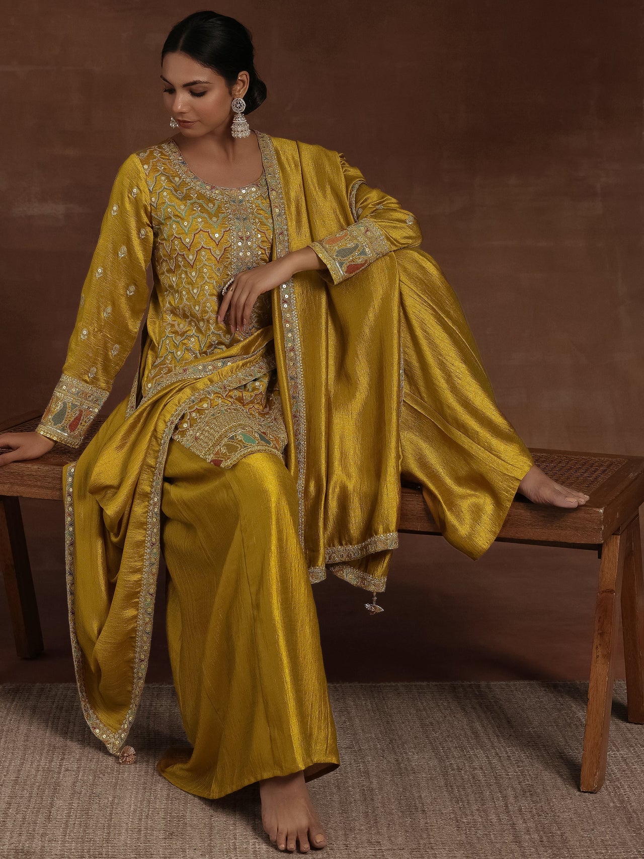 Adaa Mustard Embroidered Silk Blend Straight Kurta with Palazzos & Dupatta