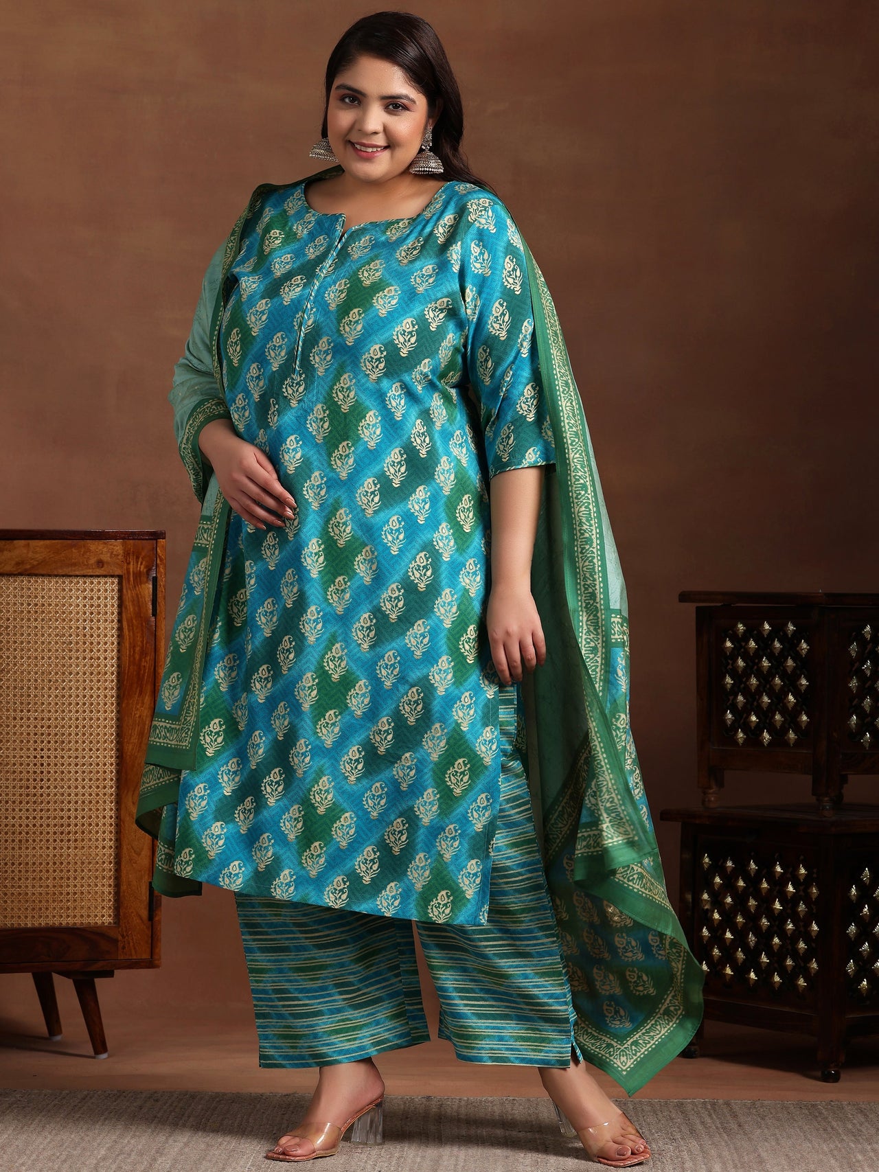 Plus Size Blue Printed Silk Blend Straight Suit with Dupatta