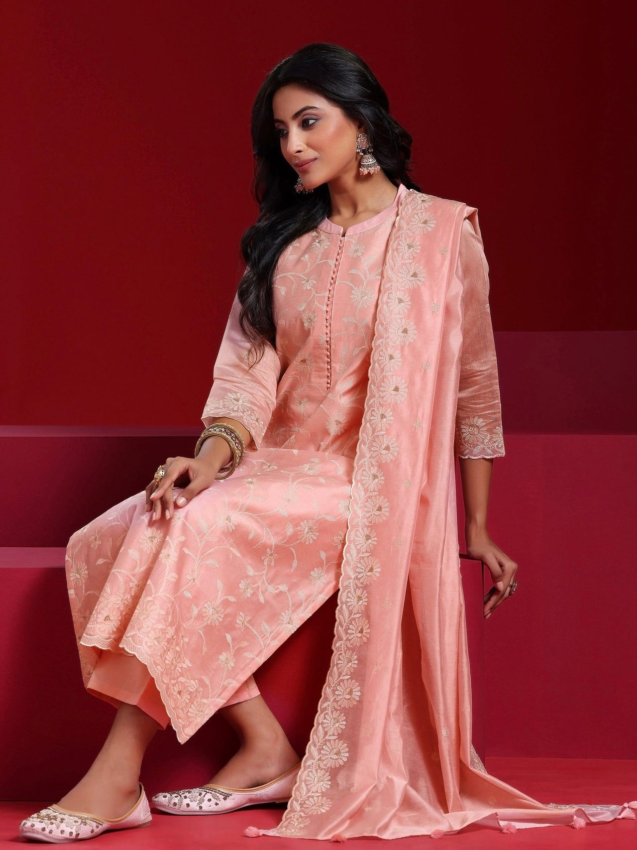 Libas Art Pink Embroidered Chanderi Silk Straight Suit with Dupatta