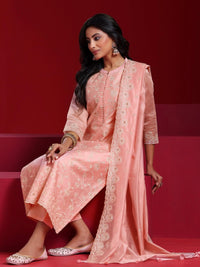 Libas Art Pink Embroidered Chanderi Silk Straight Suit with Dupatta