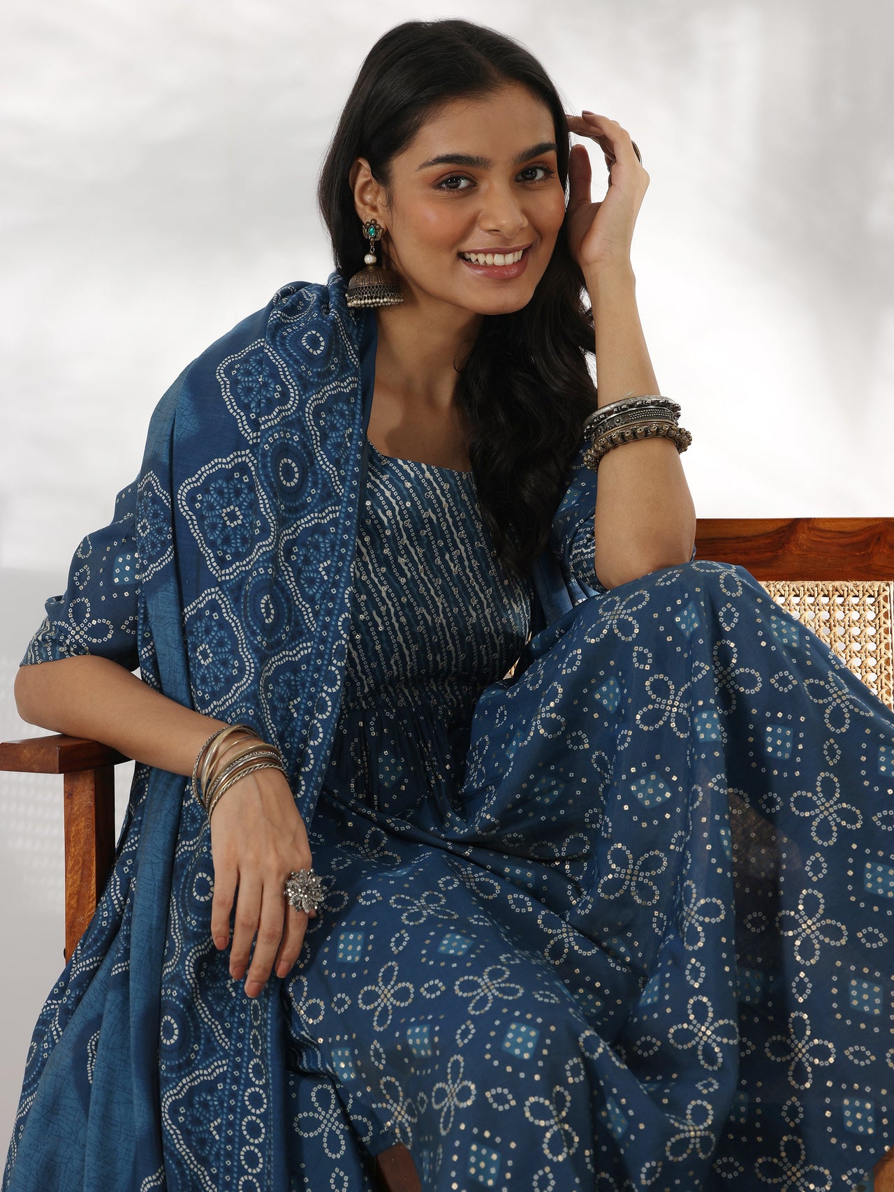 Blue Printed Silk Blend A-Line Kurta with Trousers & Dupatta