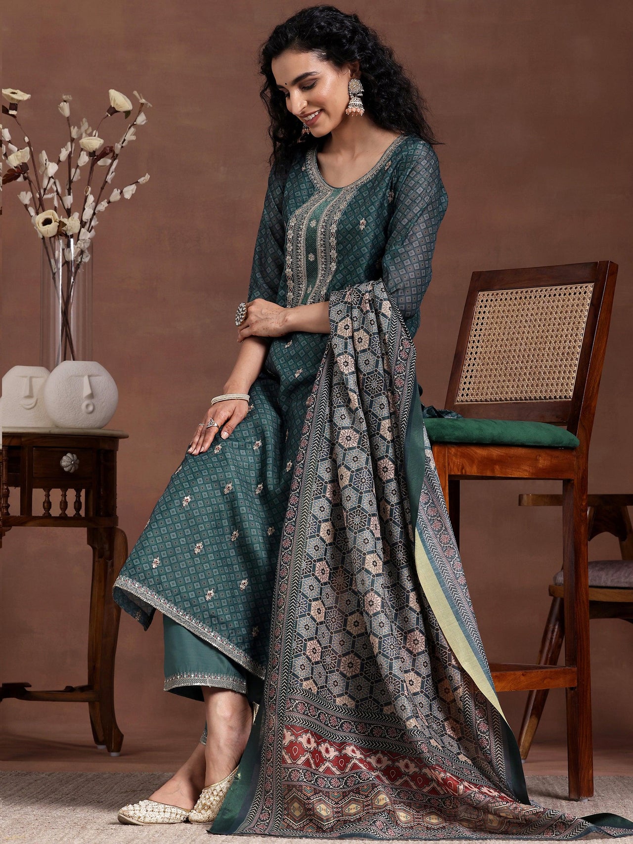 Teal Printed Silk Blend Straight Suit with Dupatta