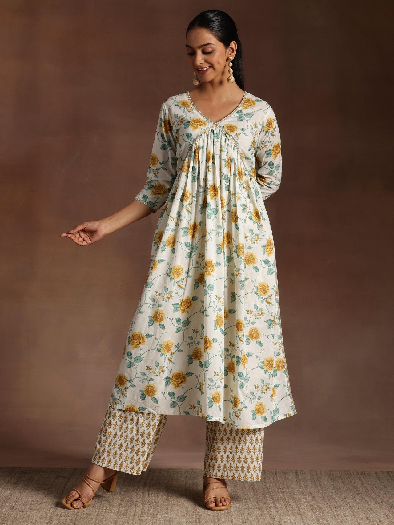 Gulkand off White Printed Cotton A-Line Kurta with Palazzos