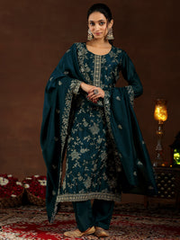Teal Embroidered Silk Blend Straight Suit with Dupatta
