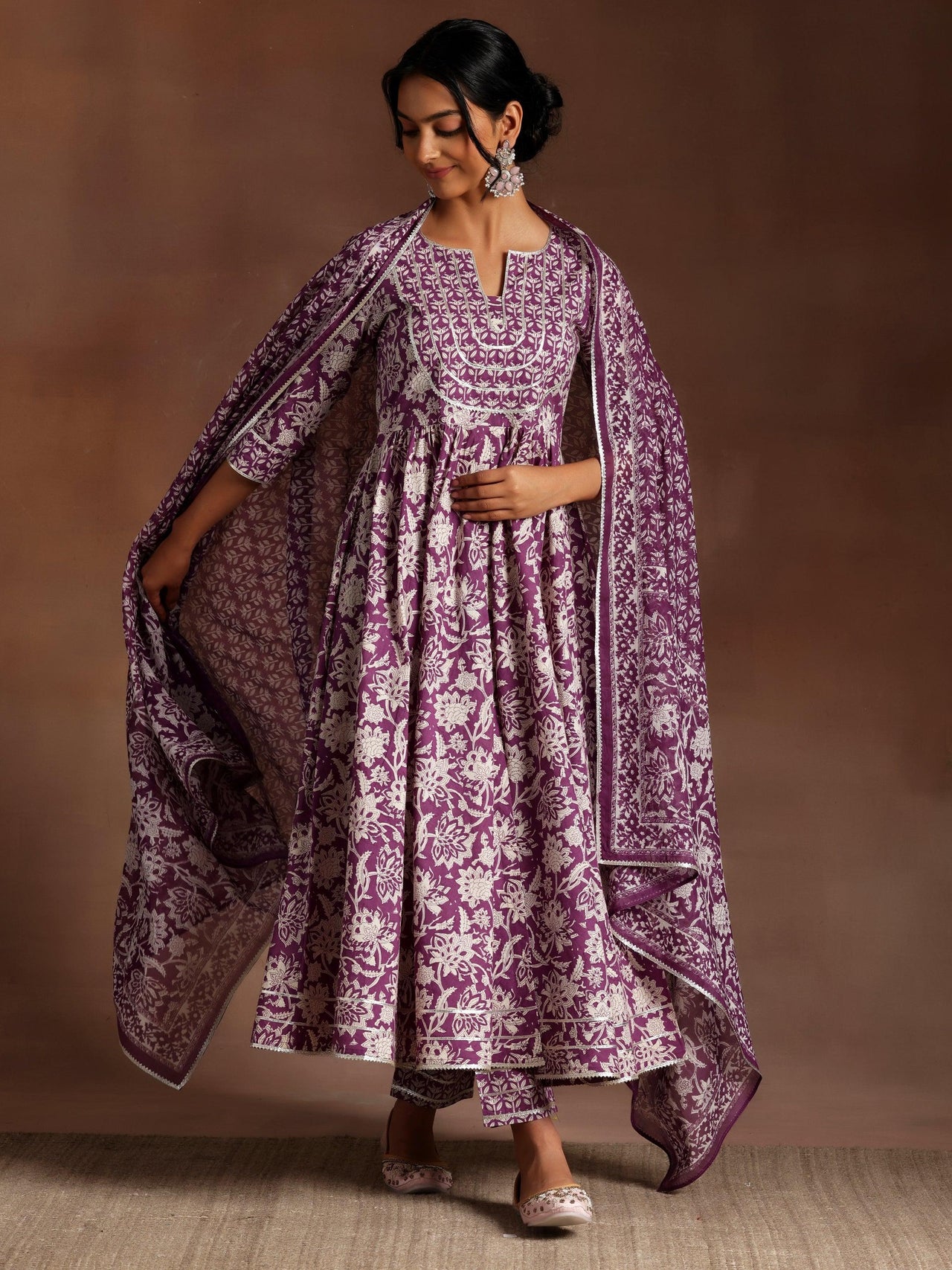 Purple Printed Cotton Anarkali Suit with Dupatta