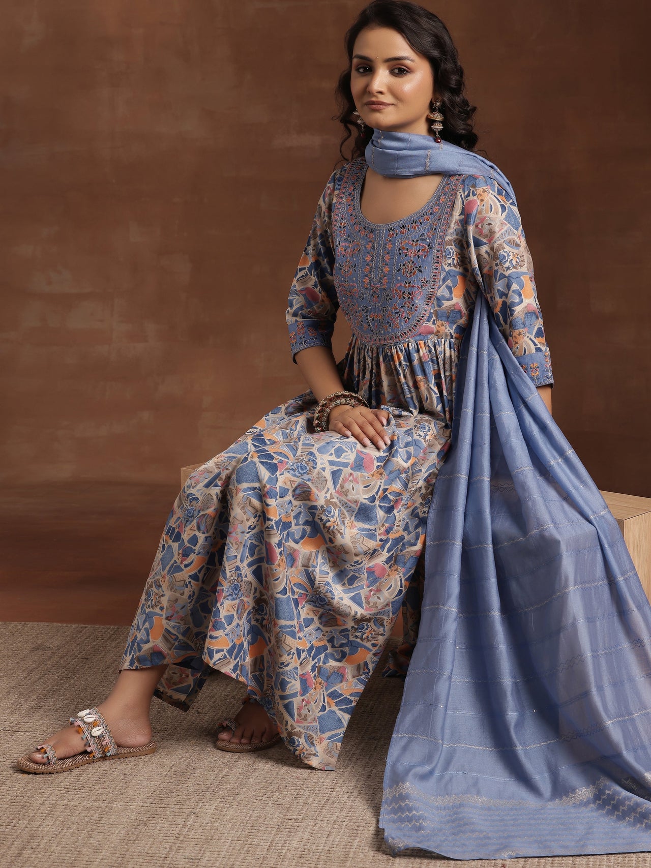 Blue Printed Silk Blend A-Line Kurta with Trousers & Dupatta