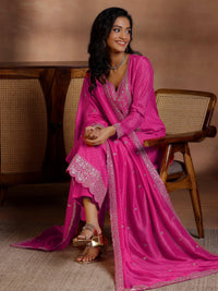 Pink Printed Silk Blend Straight Suit with Dupatta