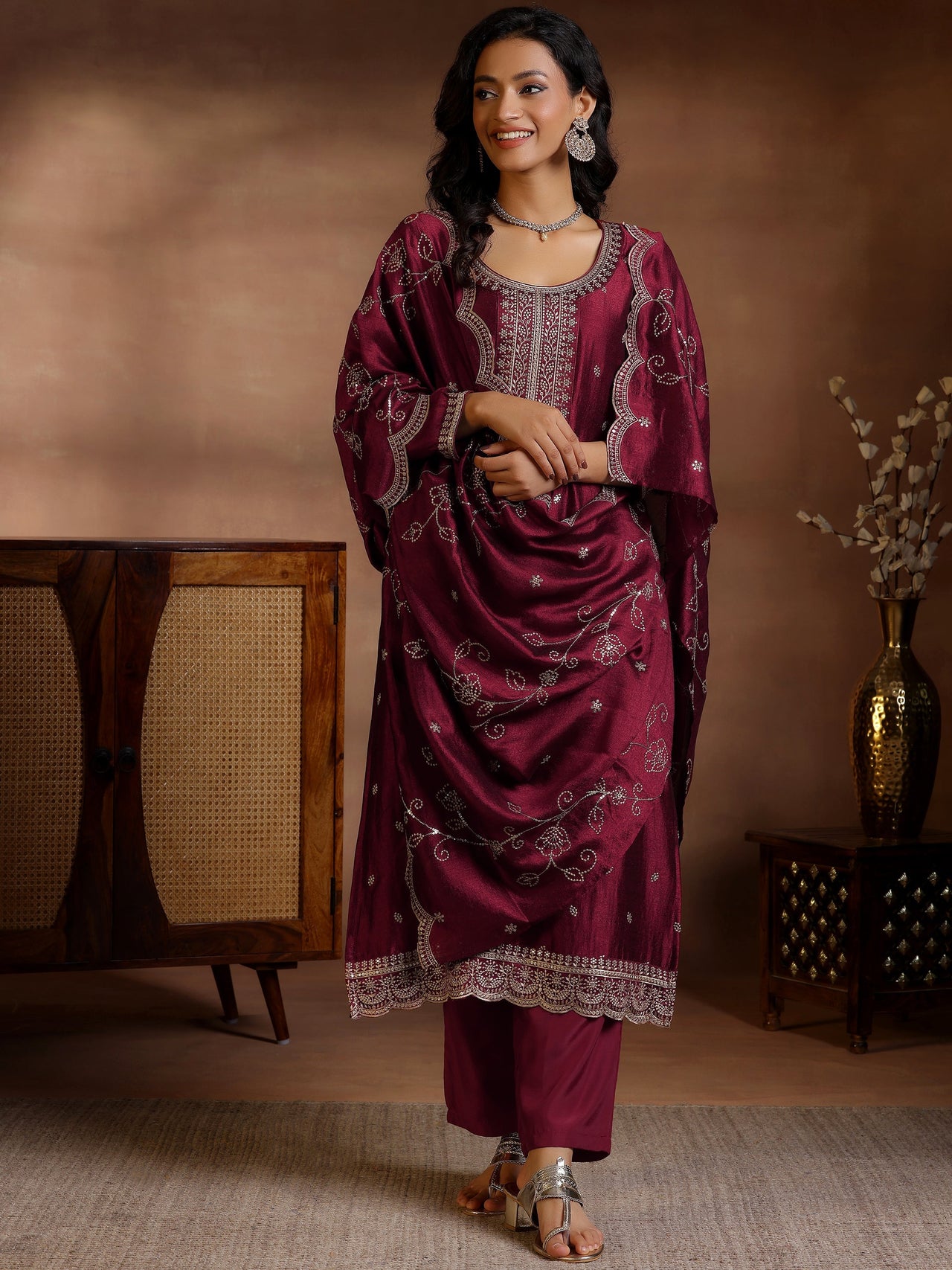 Maroon Embroidered Silk Blend Straight Suits with Dupatta