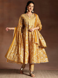 Mustard Printed Cotton Anarkali Suit with Dupatta