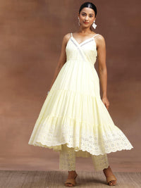 The Kiara Cut Yellow Self Design Cotton Anarkali Kurta with Trousers