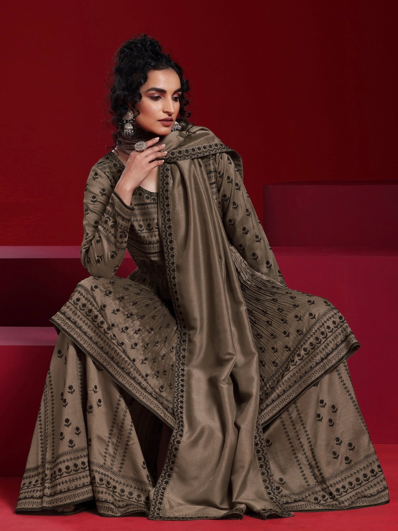 Libas Art Brown Embroidered Silk Blend A-Line Kurta with Sharara & Dupatta