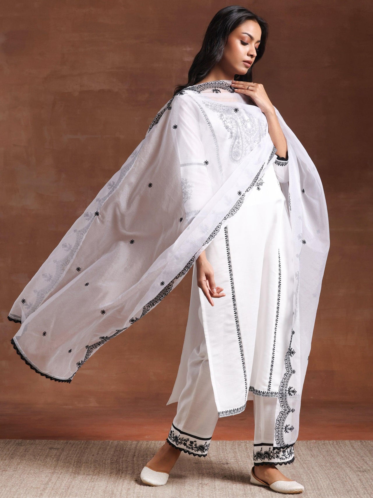 White Embroidered Silk Blend Straight Suit with Dupatta