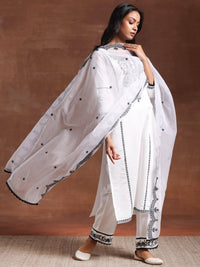White Embroidered Silk Blend Straight Suit with Dupatta