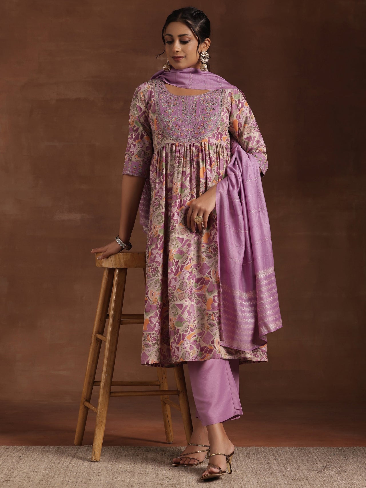 Purple Printed Silk Blend A-Line Kurta with Trousers & Dupatta