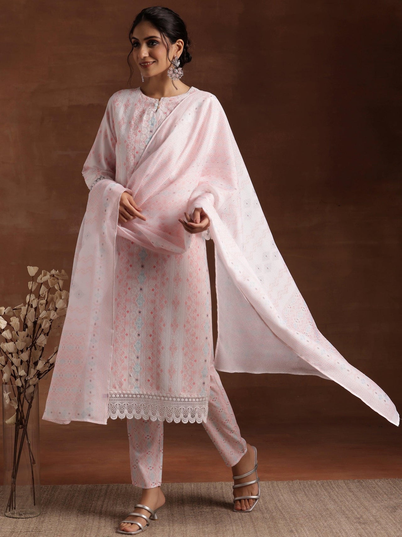 Peach Embroidered Cotton Blend Straight Suit with Dupatta