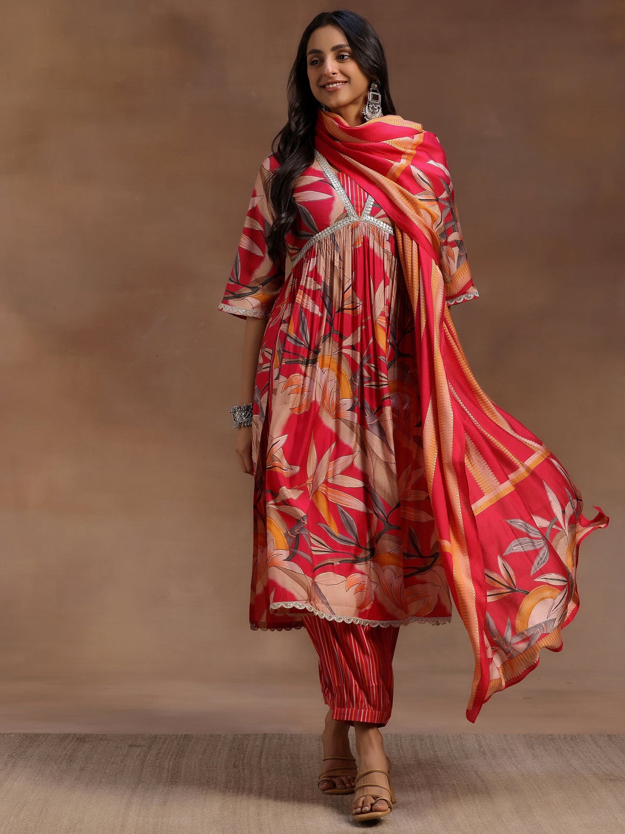 Pink Printed Silk Blend A-Line Kurta with Salwar & Dupatta