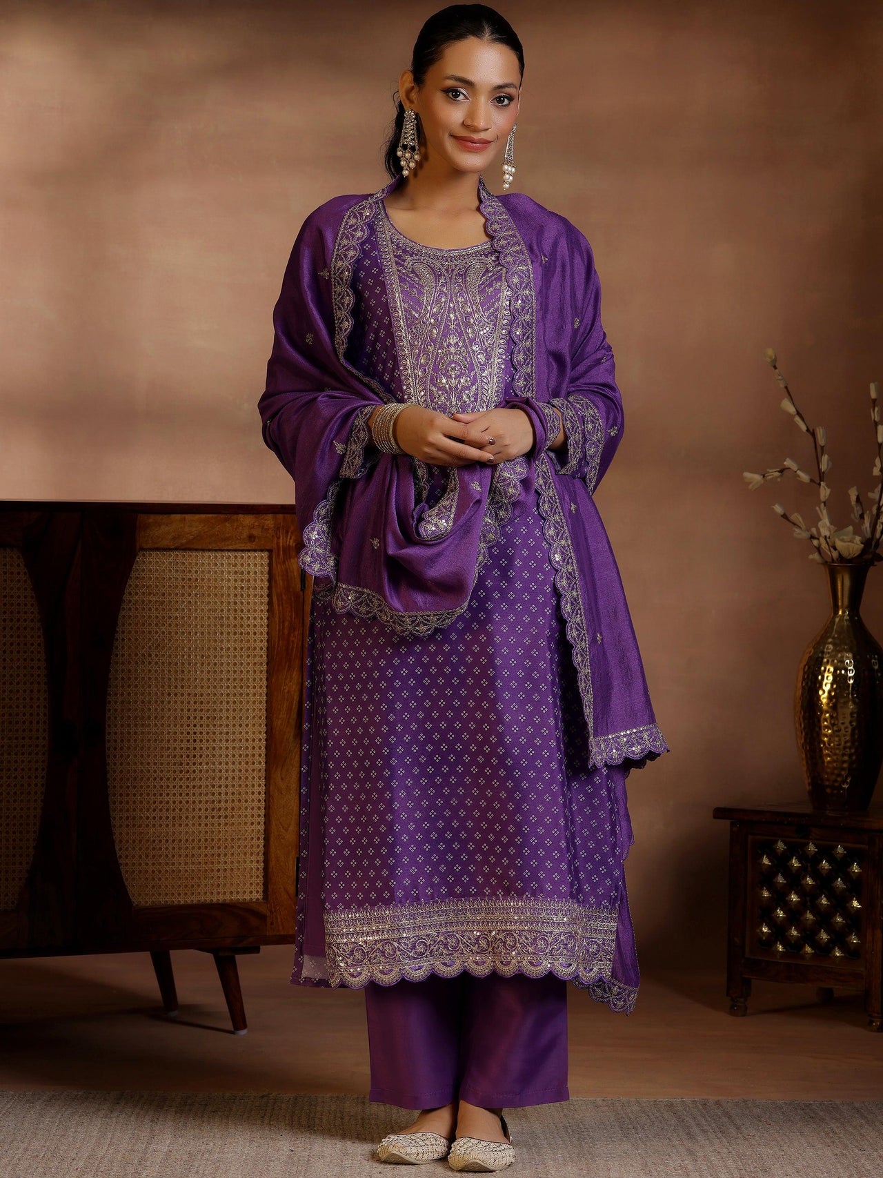 Purple Printed Silk Blend Straight Suit with Dupatta