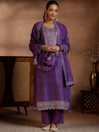 Purple Printed Silk Blend Straight Suit with Dupatta