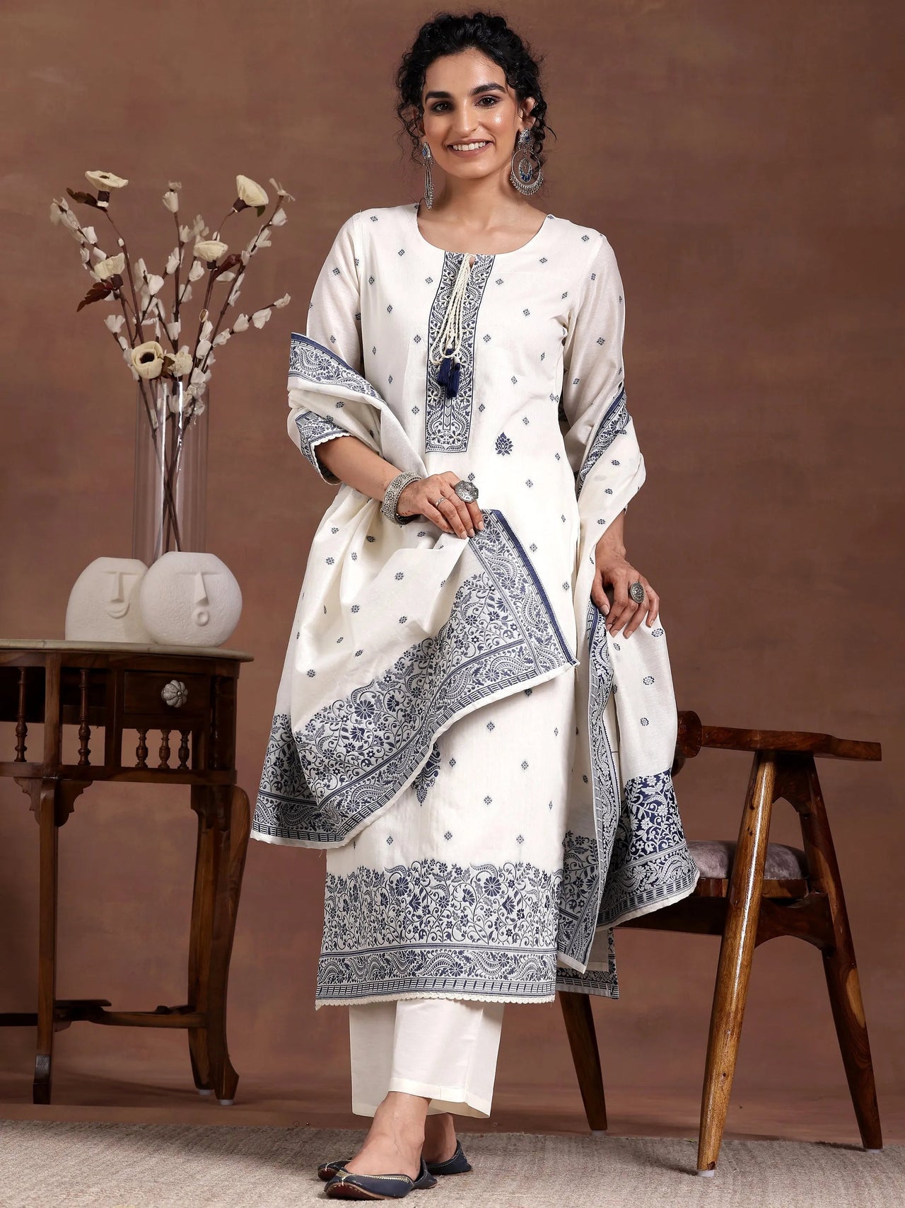 Off White Woven Design Chanderi Silk Straight Suit with Dupatta