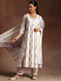Saundarya White Printed Cotton A-Line Kurta with Salwar & Dupatta