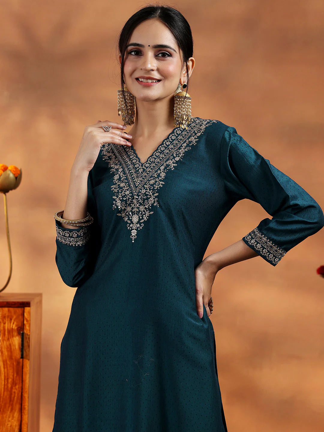 Teal Yoke Design Silk Blend Straight Suit with Dupatta