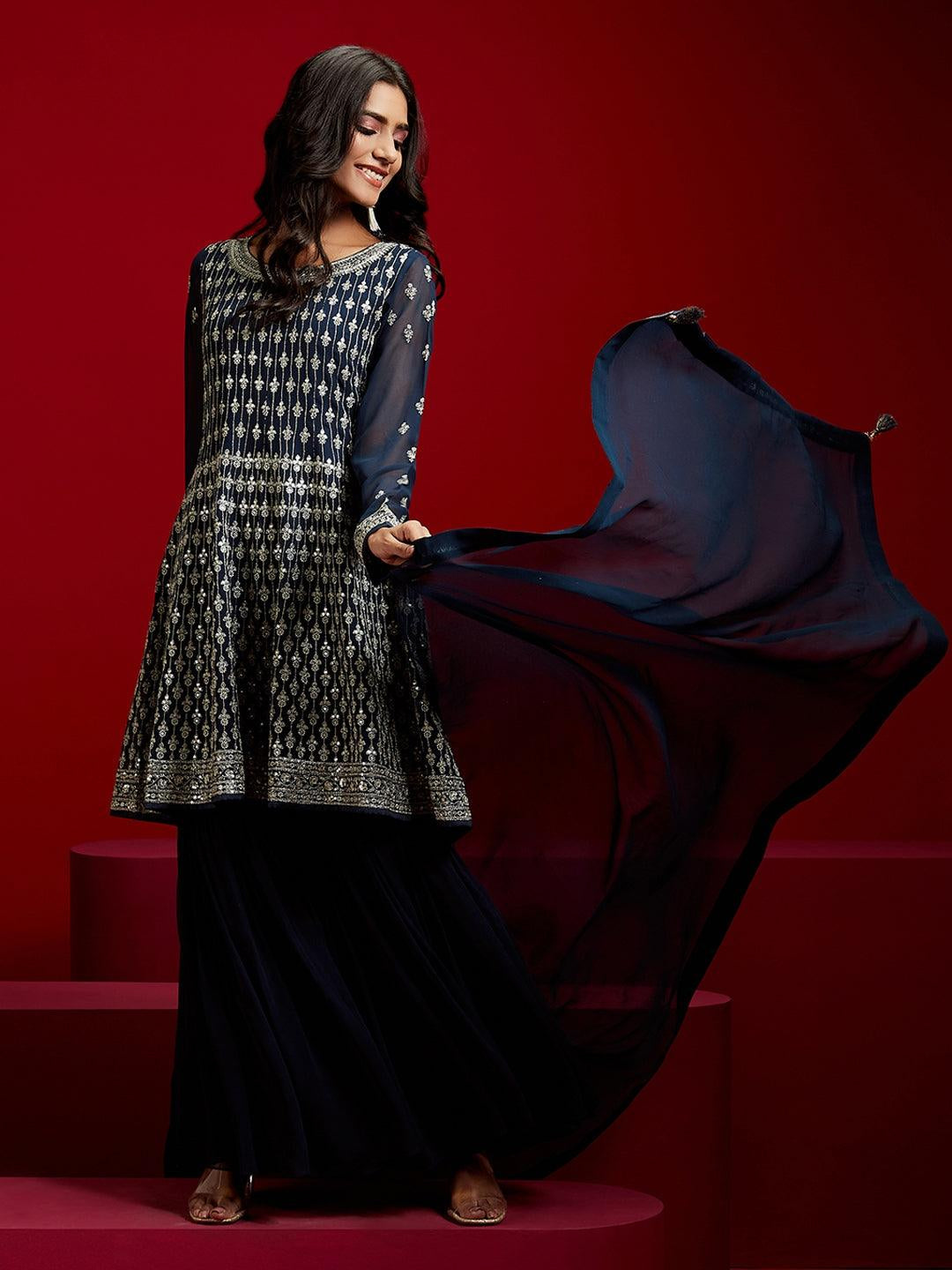Libas Art Navy Blue Embroidered Georgette A-Line Kurta with Sharara & Dupatta