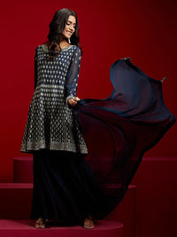 Libas Art Navy Blue Embroidered Georgette A-Line Kurta with Sharara & Dupatta