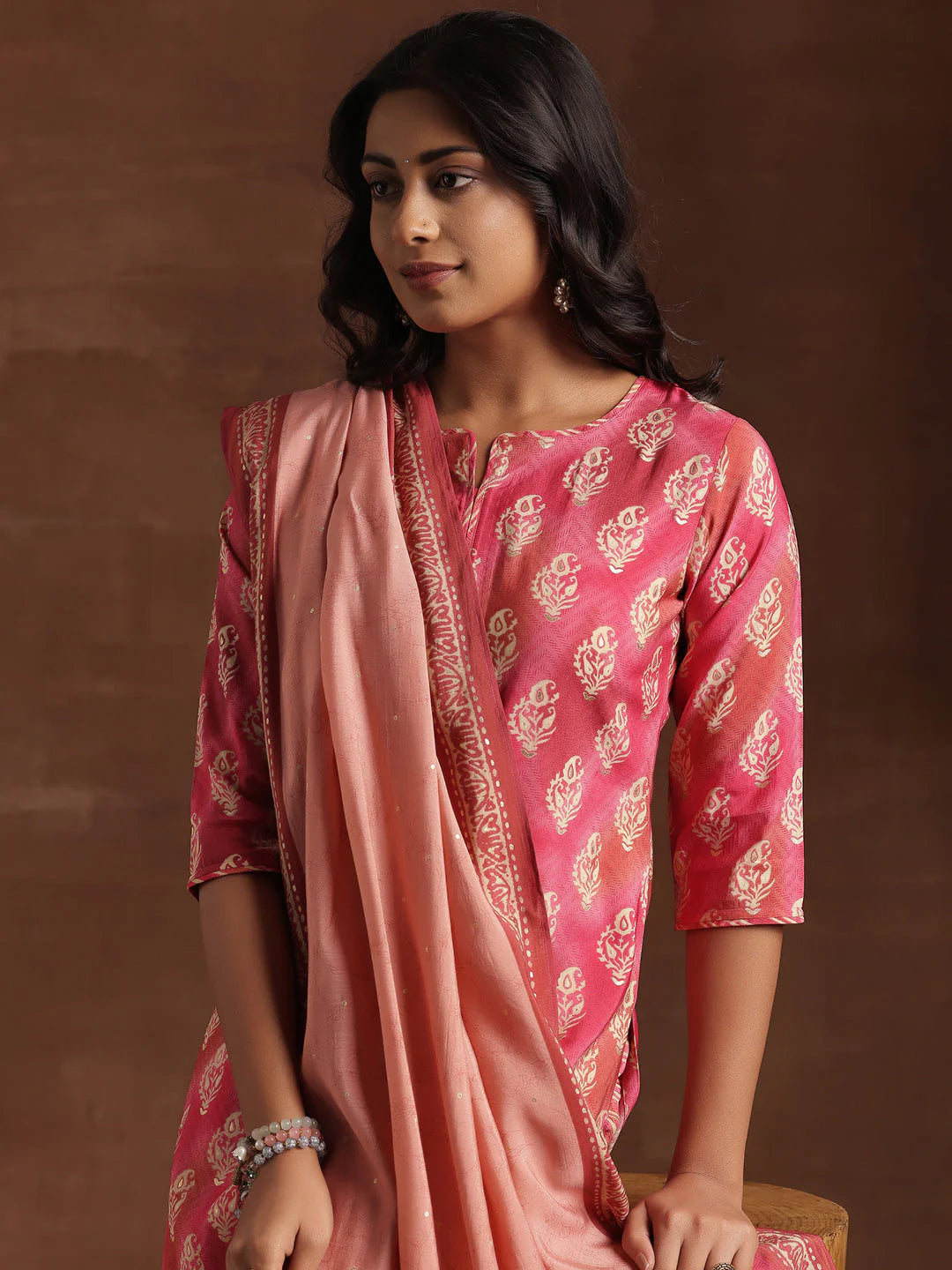 Pink Printed Silk Blend Straight Suit with Dupatta