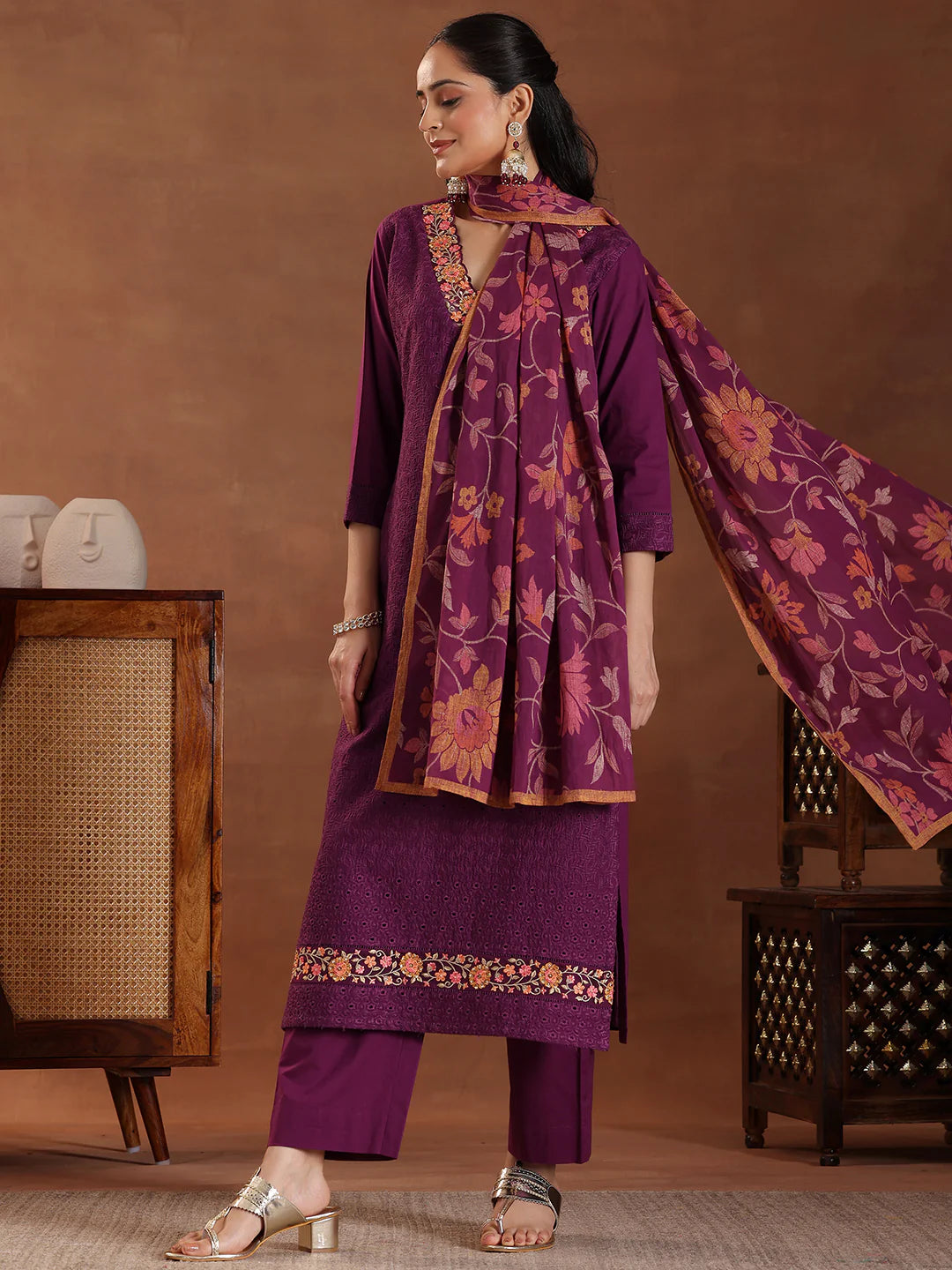 Wine Embroidered Cotton Straight Suit with Dupatta