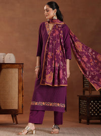 Wine Embroidered Cotton Straight Suit with Dupatta