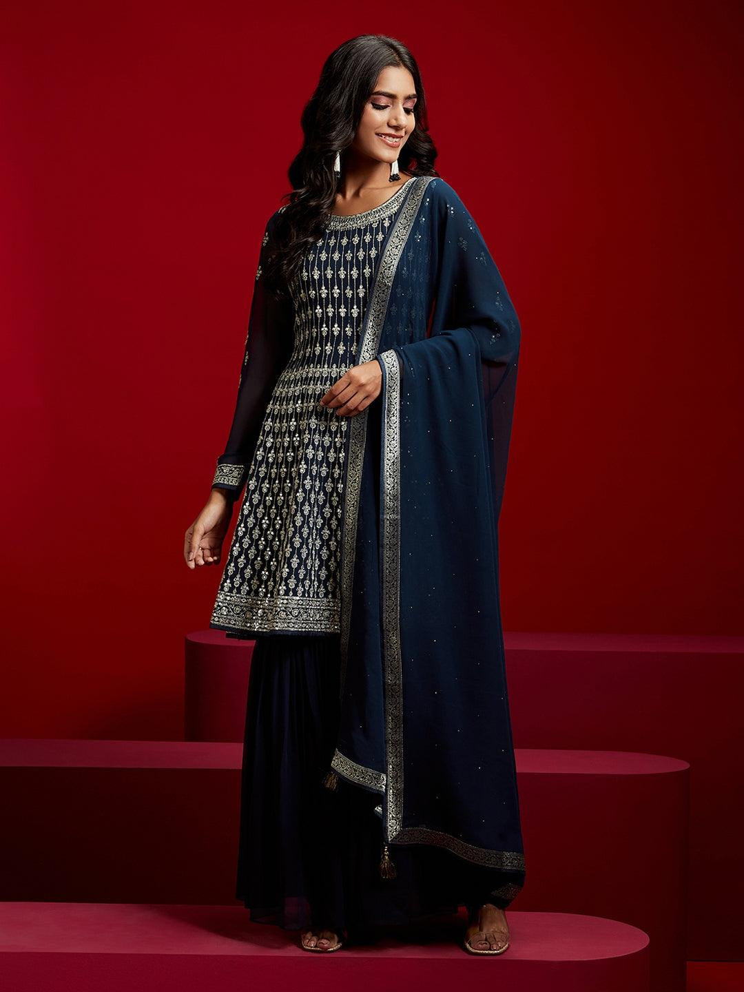 Libas Art Navy Blue Embroidered Georgette A-Line Kurta with Sharara & Dupatta