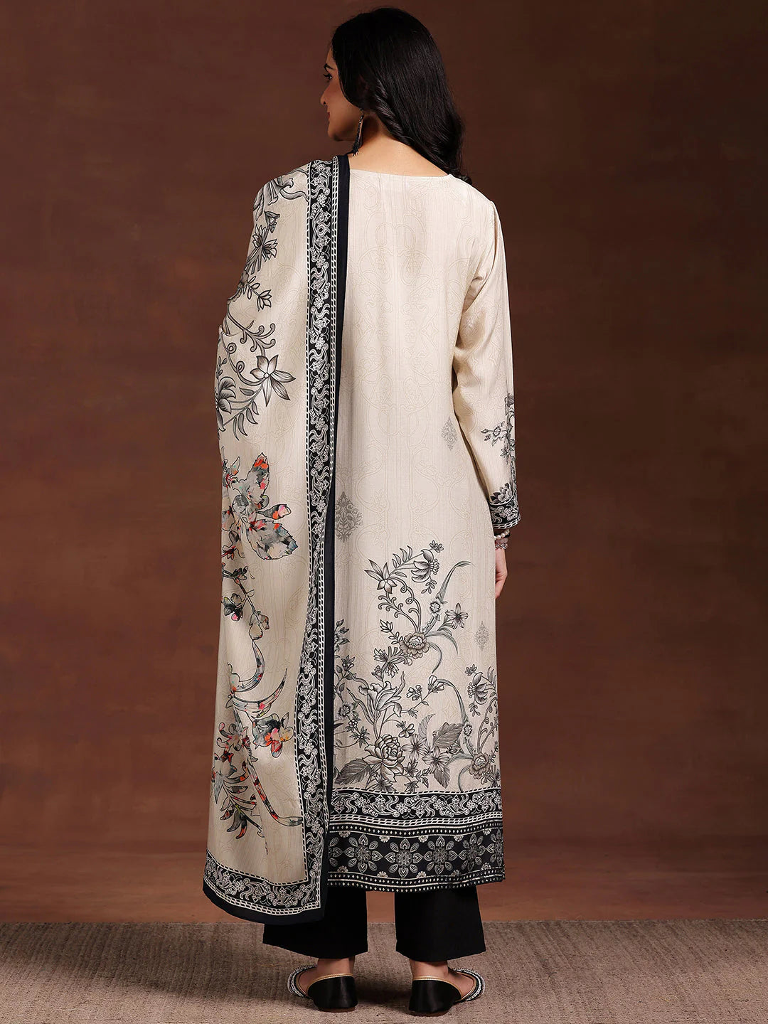 Monochrome Printed Silk Blend Straight Suit with Dupatta