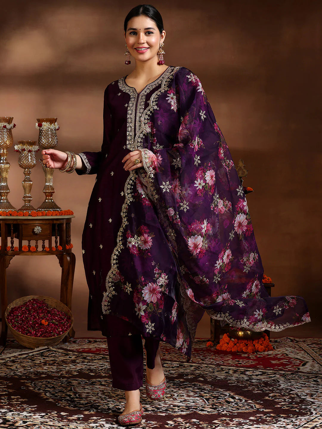 Wine Embroidered Silk Blend Straight Suit with Dupatta