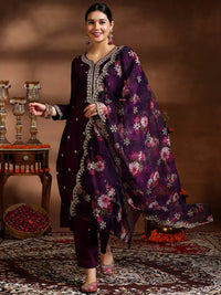Wine Embroidered Silk Blend Straight Suit with Dupatta