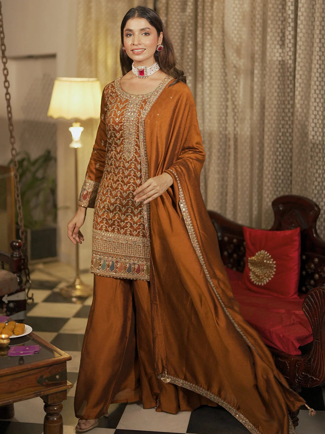 Adaa Rust Embroidered Silk Blend Straight Kurta with Palazzos & Dupatta