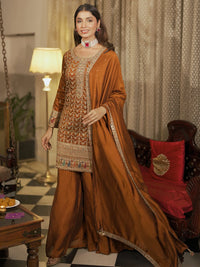 Adaa Rust Embroidered Silk Blend Straight Kurta with Palazzos & Dupatta