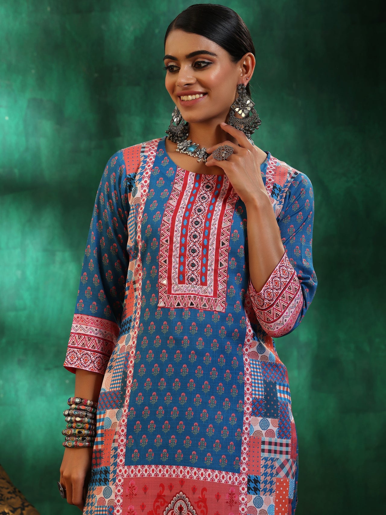 Multicoloured Printed Linen Straight Suit with Dupatta