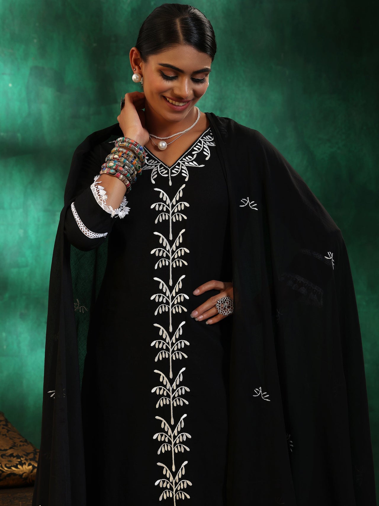 Black Embroidered Cotton Straight Suit with Dupatta