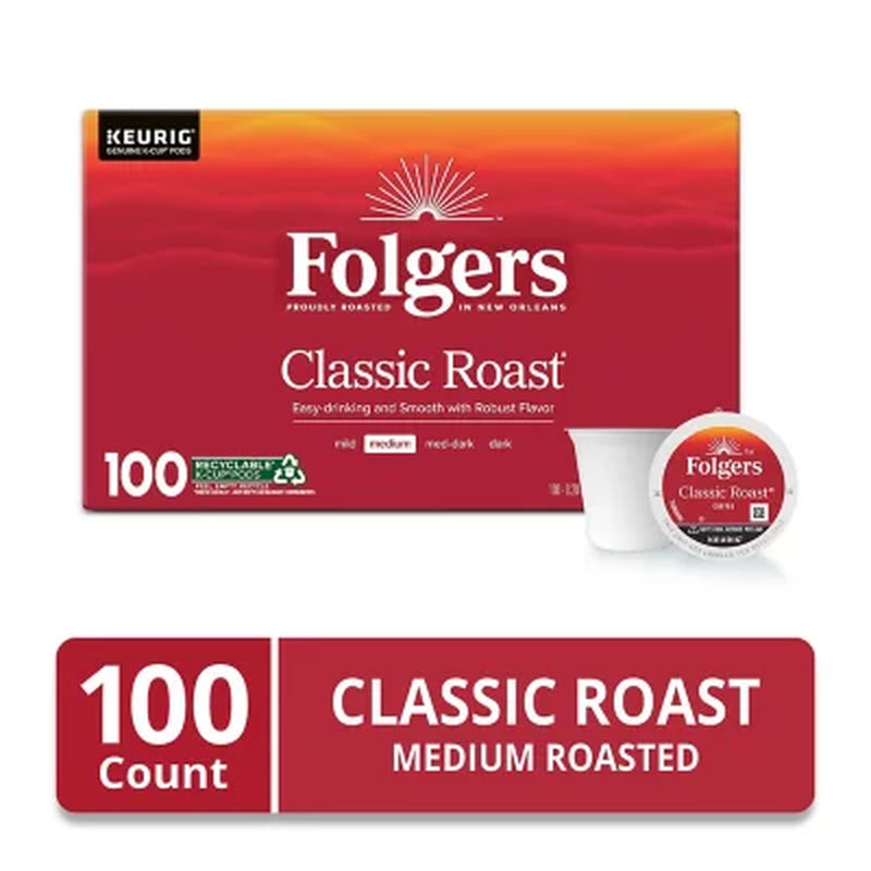 Folgers Classic Medium Roast K-Cup Coffee Pods, 100 Ct.