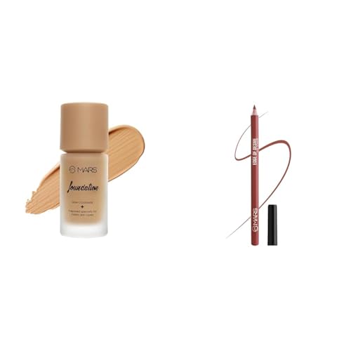 MARS High Coverage Liquid Foundation | Blemish Free & Blendable Foundation for Makeup (40ml) (SHADE-6.5) Matte Lip Liner | One Swipe Smooth Application | Long Lasting Lip Pencil (1.4gm) (20-CHILL RED)