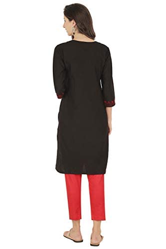 QAZMI Women's  Cotton Straight Embroidered Kurti Black L