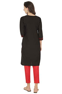 QAZMI Women's  Cotton Straight Embroidered Kurti Black L